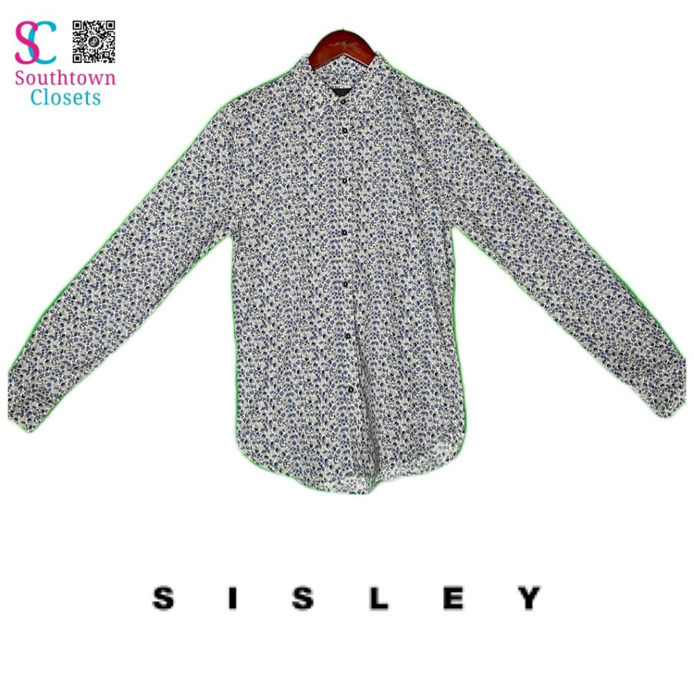 Sisley Slim Fit Taupe and Blue Floral Print Button Up, Medium and 100% Cotton
